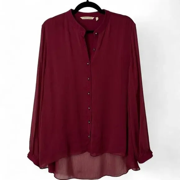 Soft Surroundings Burgundy Collarless Capizzi Top with Sheer Sleeves (L) - Picture 3 of 11
